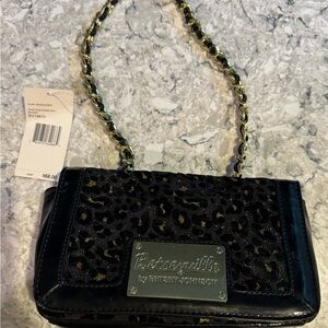 Betsey Johnson FLAP SHOULDER Cha Cha Cheetah Black and Gold Leopard Shoulder Ba